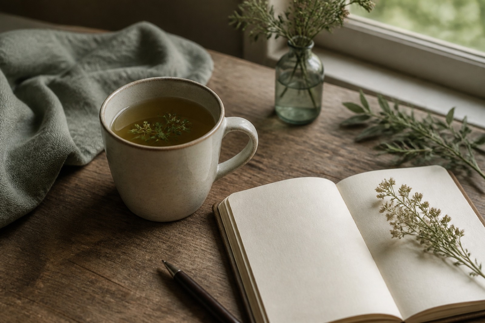 Caneca de infusão e caderno junto a uma janela